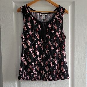 White House Black Market Black and Pink Floral Ruched Bottom Tank Top w Ties